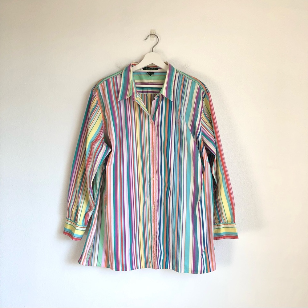 Lauren Ralph Lauren Colorful Stripe 100% Cotton Button Down Shirt Top Size 2X
